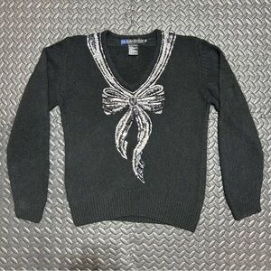 Vintage IB Diffusion Sweater Beaded Sequin Silk Bow Bib Black 90s Womens XS